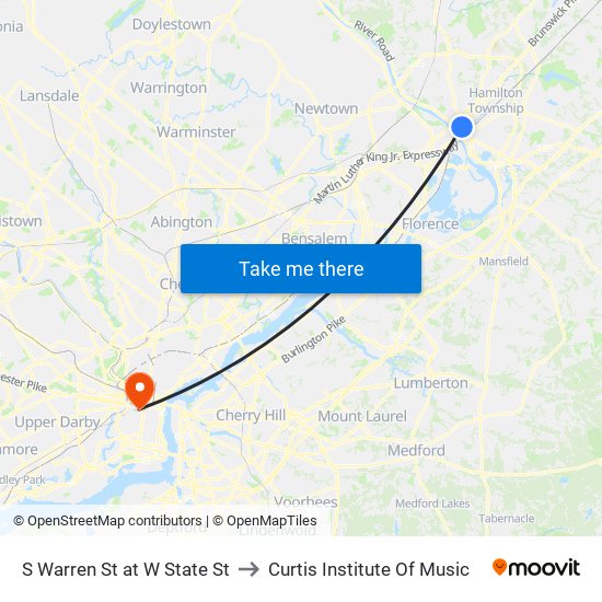 S Warren St at W State St to Curtis Institute Of Music map