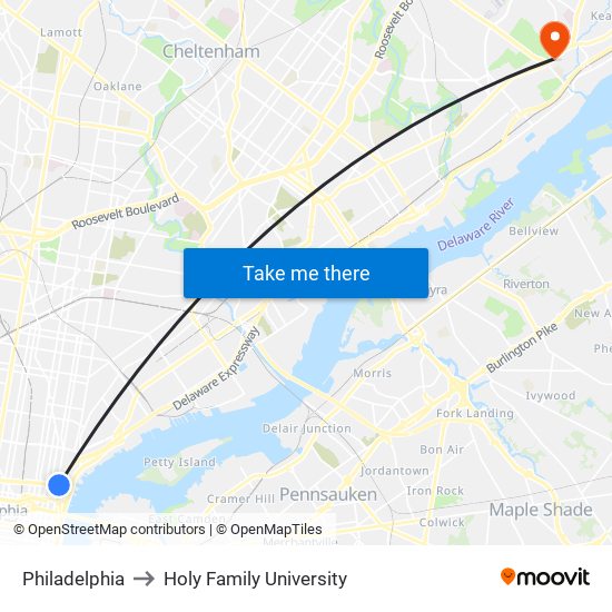 Philadelphia to Holy Family University map