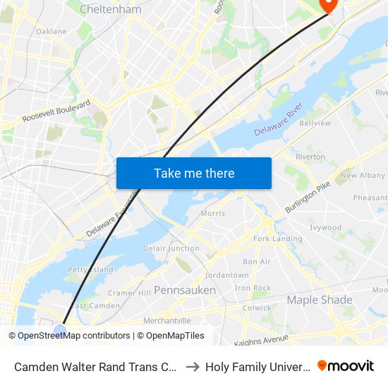 Camden Walter Rand Trans Center to Holy Family University map