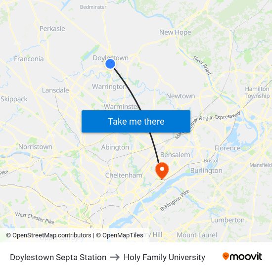 Doylestown Septa Station to Holy Family University map