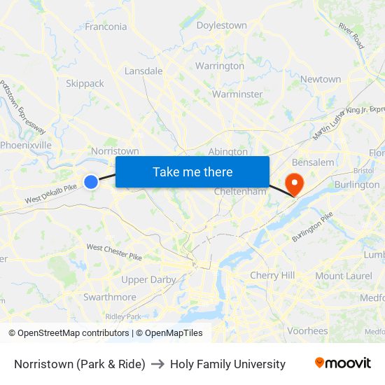 Norristown (Park & Ride) to Holy Family University map