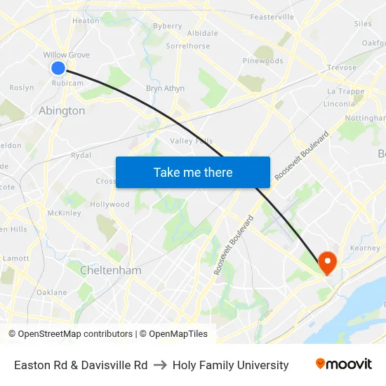 Easton Rd & Davisville Rd to Holy Family University map