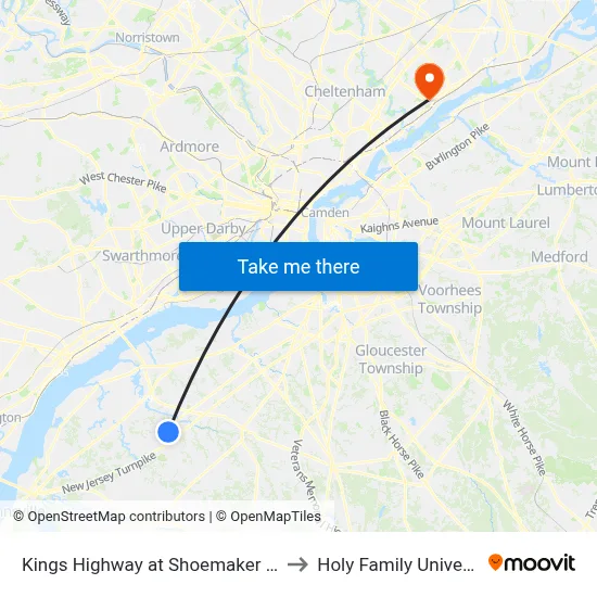 Kings Highway at Shoemaker Drive to Holy Family University map