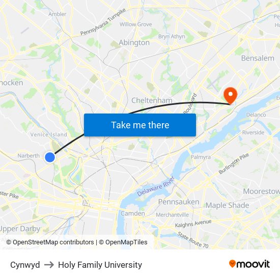 Cynwyd to Holy Family University map