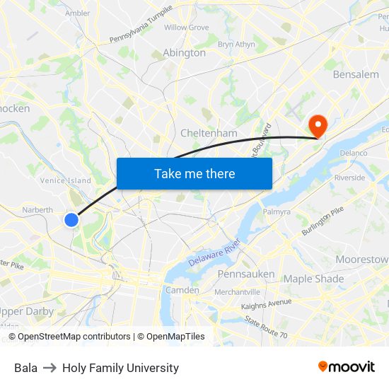 Bala to Holy Family University map