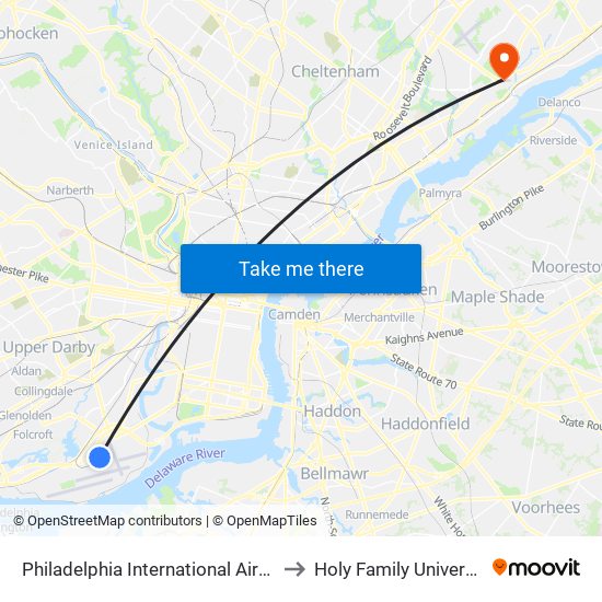 Philadelphia International Airport to Holy Family University map