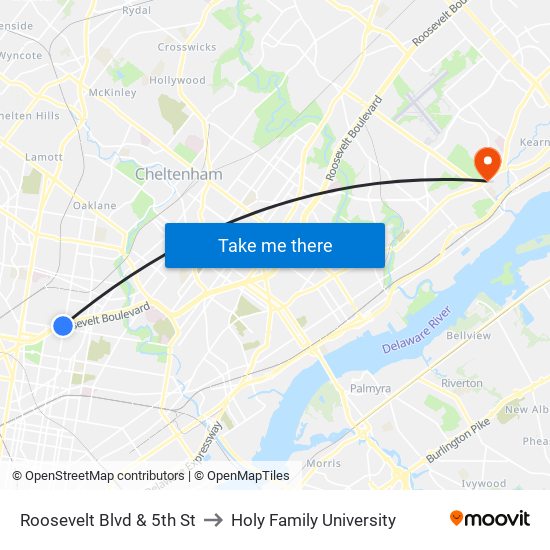 Roosevelt Blvd & 5th St to Holy Family University map