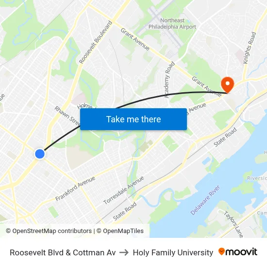 Roosevelt Blvd & Cottman Av to Holy Family University map