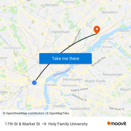 17th St & Market St to Holy Family University map
