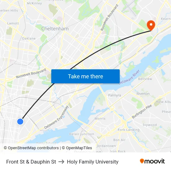 Front St & Dauphin St to Holy Family University map