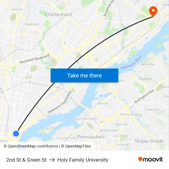 2nd St & Green St to Holy Family University map