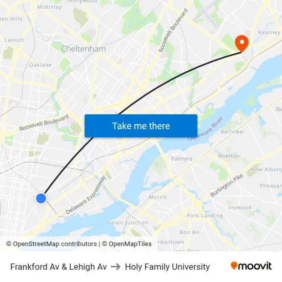 Frankford Av & Lehigh Av to Holy Family University map