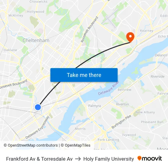 Frankford Av & Torresdale Av to Holy Family University map
