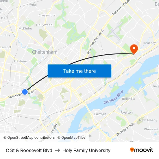 C St & Roosevelt Blvd to Holy Family University map