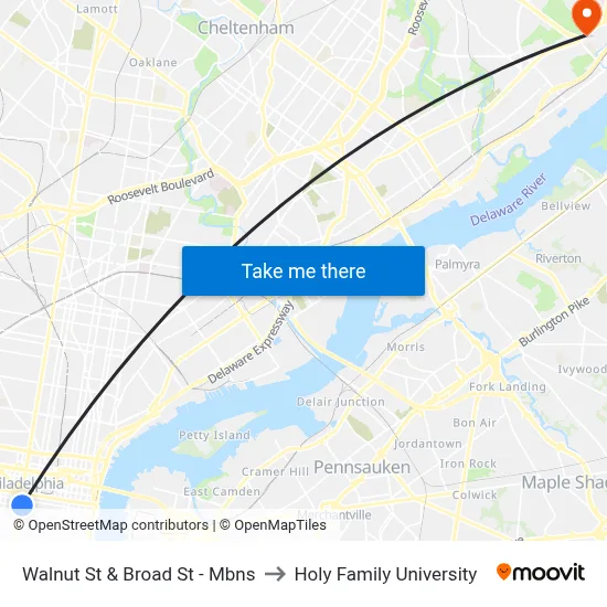 Walnut St & Broad St - Mbns to Holy Family University map