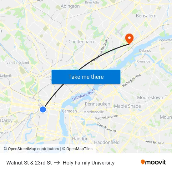 Walnut St & 23rd St to Holy Family University map