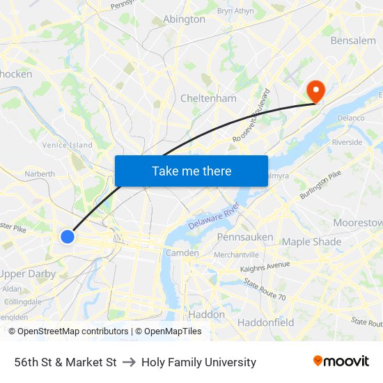 56th St & Market St to Holy Family University map