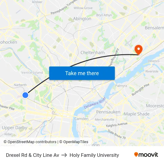 Drexel Rd & City Line Av to Holy Family University map