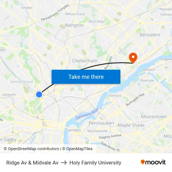 Ridge Av & Midvale Av to Holy Family University map