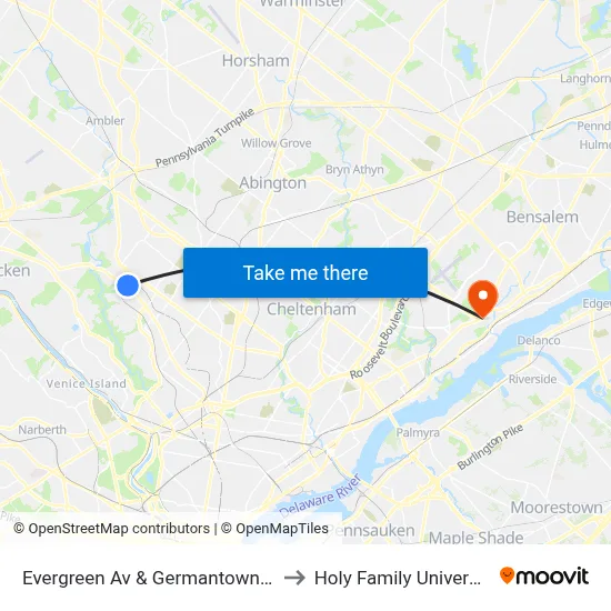 Evergreen Av & Germantown Av to Holy Family University map