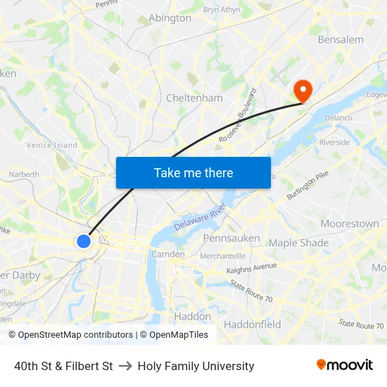 40th St & Filbert St to Holy Family University map