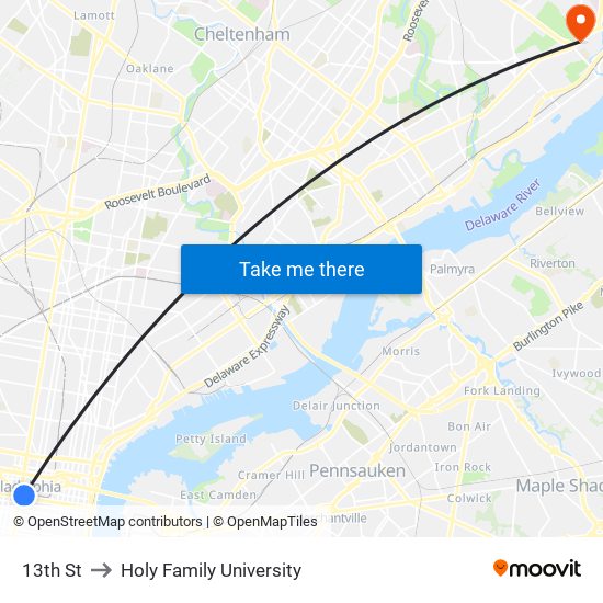 13th St to Holy Family University map