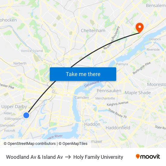 Woodland Av & Island Av to Holy Family University map