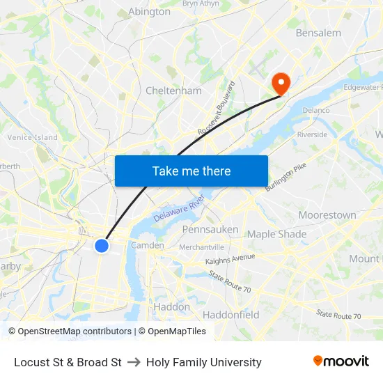 Locust St & Broad St to Holy Family University map
