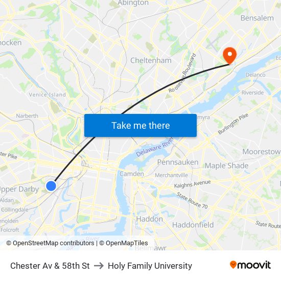 Chester Av & 58th St to Holy Family University map