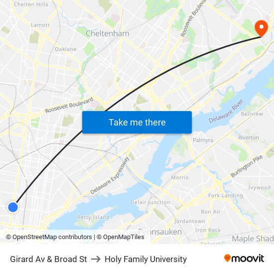 Girard Av & Broad St to Holy Family University map