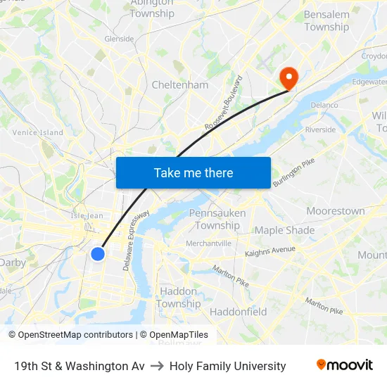 19th St & Washington Av to Holy Family University map