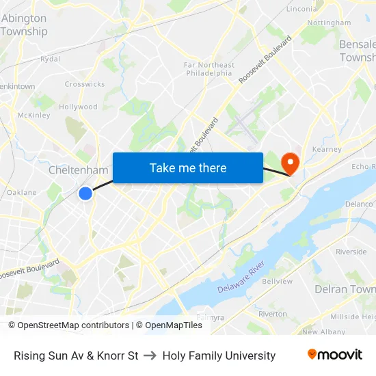Rising Sun Av & Knorr St to Holy Family University map