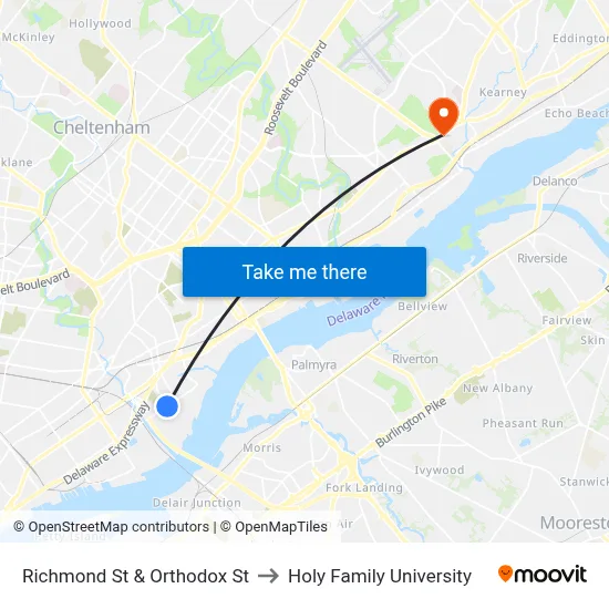 Richmond St & Orthodox St to Holy Family University map
