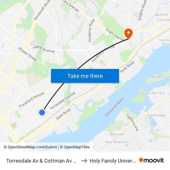 Torresdale Av & Cottman Av Loop to Holy Family University map