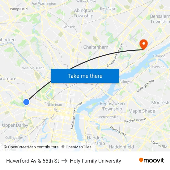 Haverford Av & 65th St to Holy Family University map