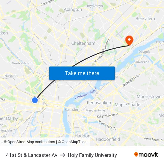 41st St & Lancaster Av to Holy Family University map