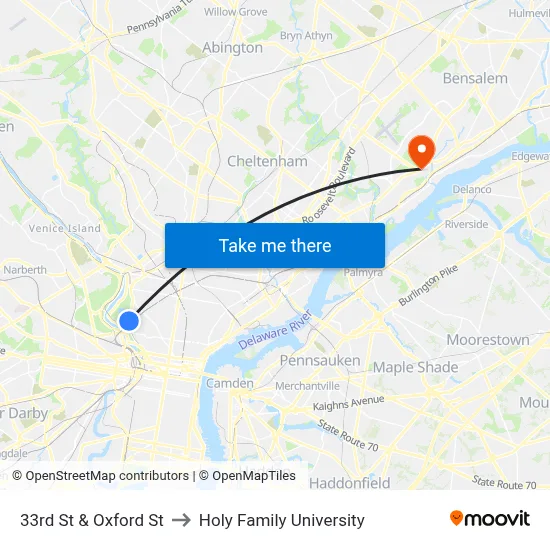 33rd St & Oxford St to Holy Family University map