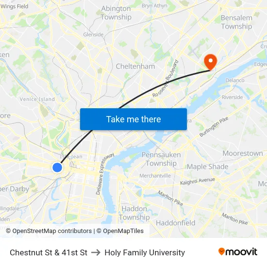 Chestnut St & 41st St to Holy Family University map