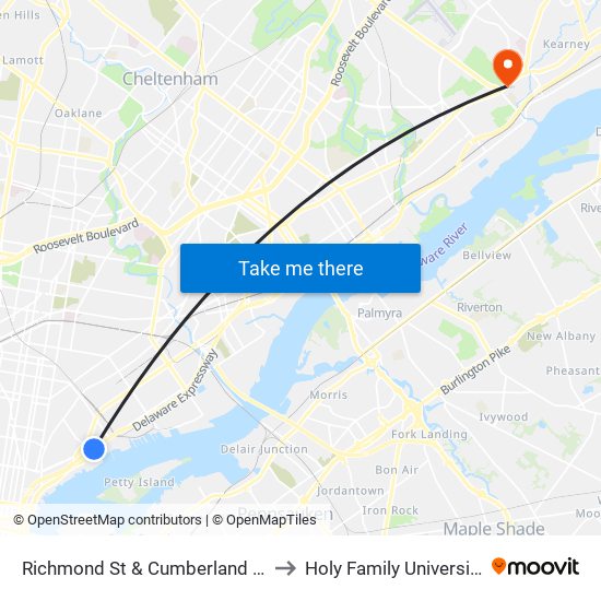 Richmond St & Cumberland St to Holy Family University map