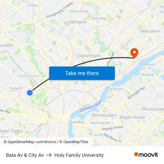 Bala Av & City Av to Holy Family University map