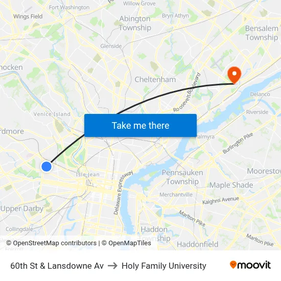60th St & Lansdowne Av to Holy Family University map