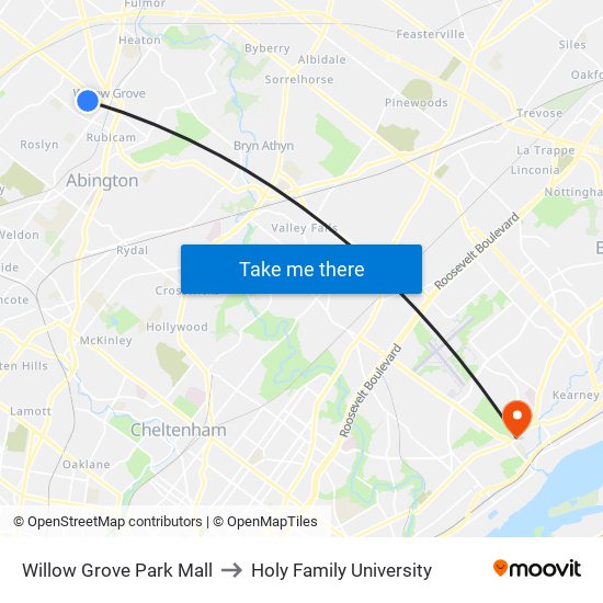 Willow Grove Park Mall to Holy Family University map