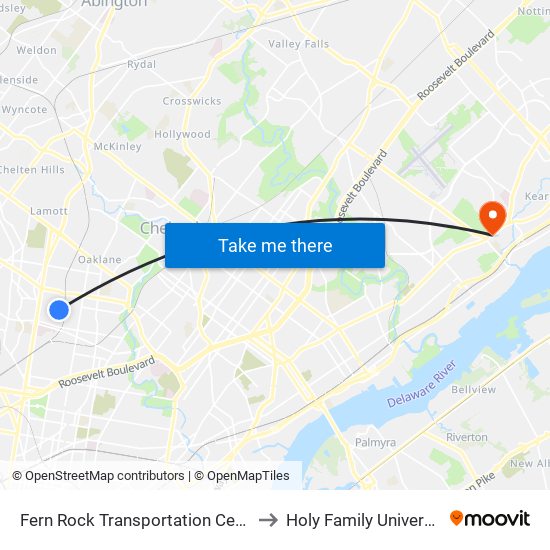 Fern Rock Transportation Center to Holy Family University map