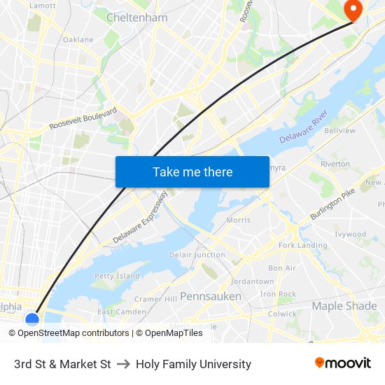 3rd St & Market St to Holy Family University map