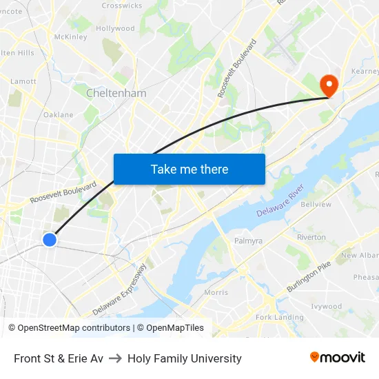 Front St & Erie Av to Holy Family University map
