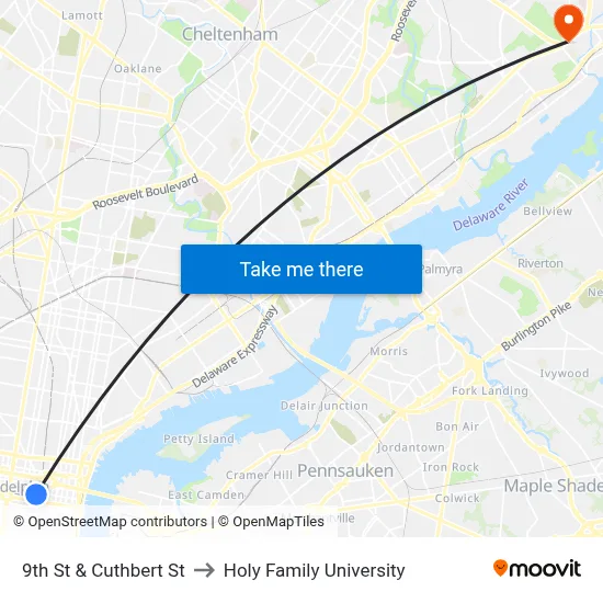 9th St & Cuthbert St to Holy Family University map
