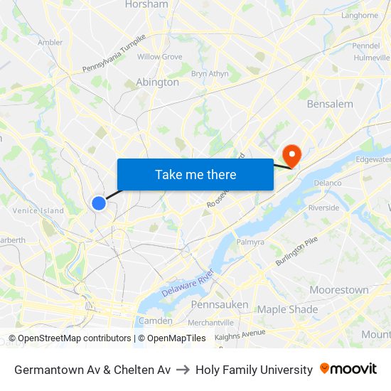 Germantown Av & Chelten Av to Holy Family University map