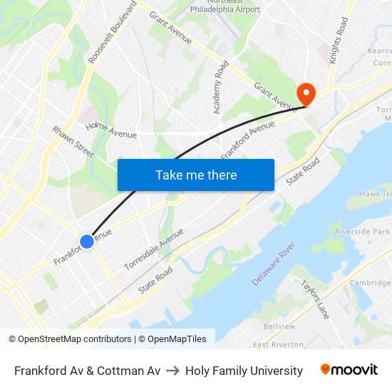 Frankford Av & Cottman Av to Holy Family University map