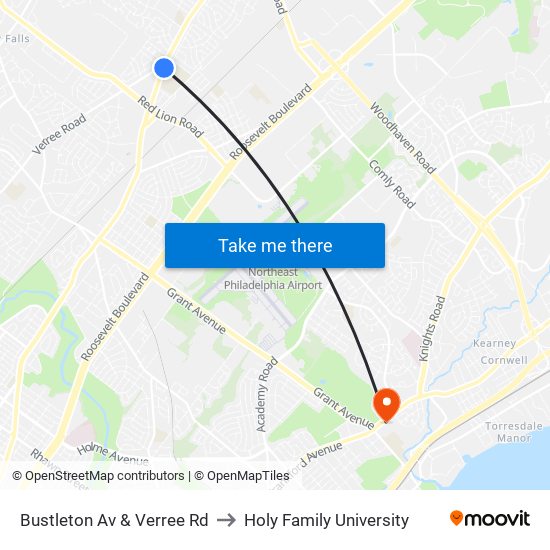 Bustleton Av & Verree Rd to Holy Family University map
