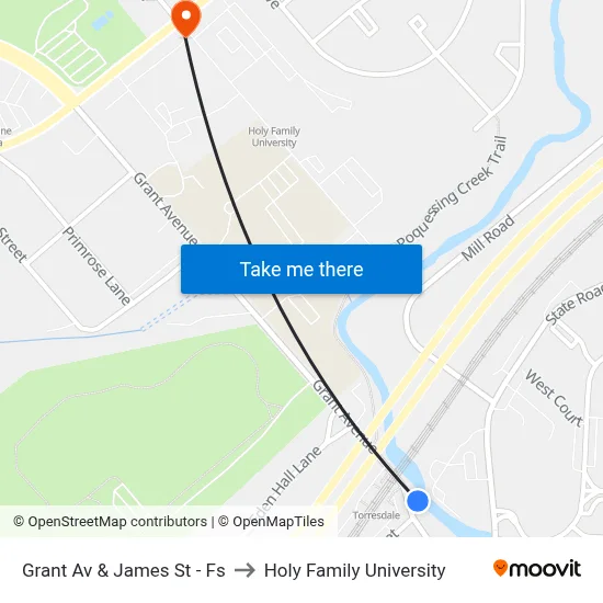 Grant Av & James St - Fs to Holy Family University map